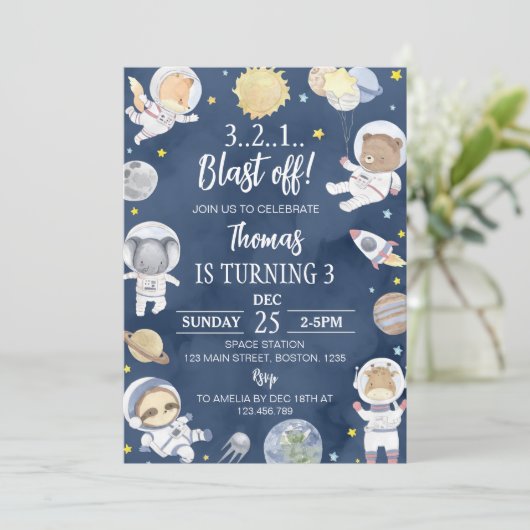 宇宙飛行士宇宙ブラストオフサファリ誕生日 招待状 (スタンド正面)