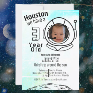 宇宙飛行士宇宙ブルーカスタムフォト誕生日 招待状