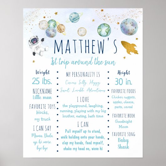 宇宙飛行士宇宙ブルー金ゴールドファースト誕生日マイルストーン ポスター (正面)