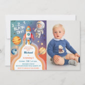 宇宙飛行士宇宙ロケット船誕生日写真 招待状 (正面)