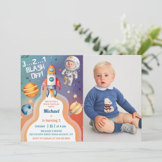 宇宙飛行士宇宙ロケット船誕生日写真 招待状 (スタンド正面)