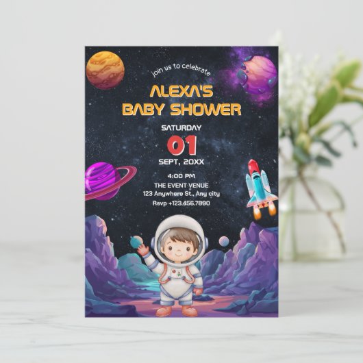 宇宙飛行士宇宙写真ベビーシャワー 招待状 (スタンド正面)