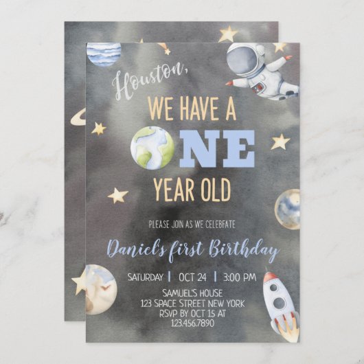 宇宙飛行士宇宙誕生日1年招待状  招待状 (正面/裏面)