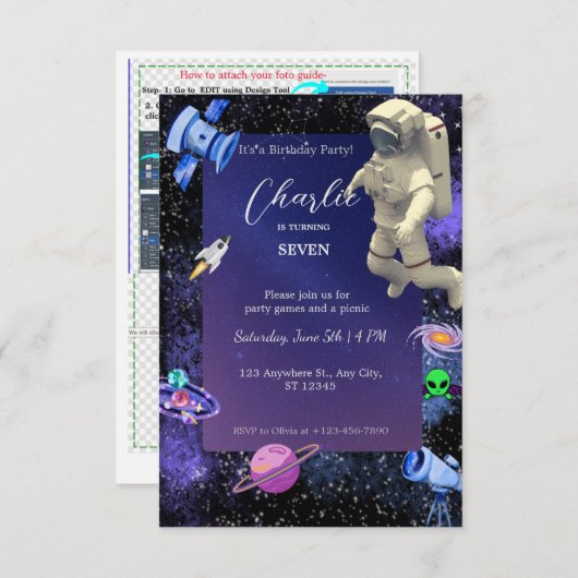 宇宙飛行士宇宙誕生日 招待状 (正面/裏面)