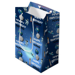 宇宙飛行士宇宙銀河系テーマ誕生日名 ミディアムペーパーバッグ