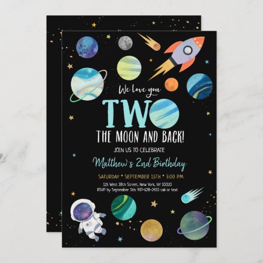 宇宙飛行士宇宙2ザムーン誕生日 招待状 (正面/裏面)