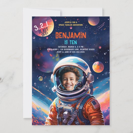 宇宙飛行士深い宇宙スカイ惑星写真誕生日 招待状 (正面)