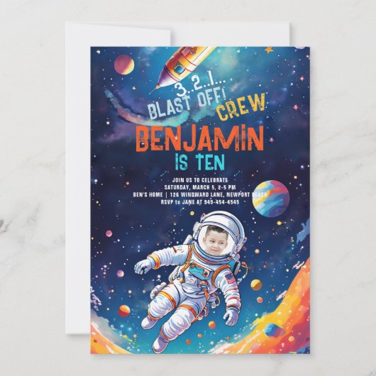 宇宙飛行士深い宇宙ロケット惑星写真誕生日 招待状 (正面)