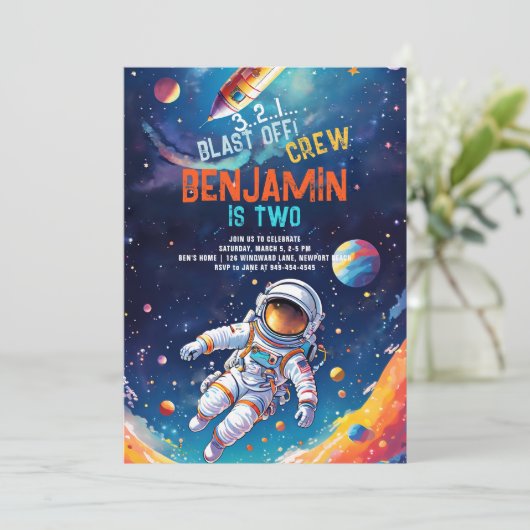 宇宙飛行士深い宇宙ロケット惑星少年誕生日 招待状 (スタンド正面)