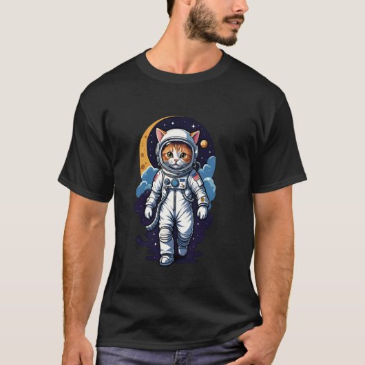 宇宙飛行士猫 (#09) 宇宙に浮かぶ猫の宇宙飛行士 Tシャツ (正面)