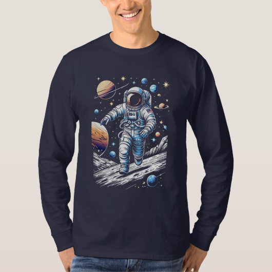 宇宙飛行士走の月面に乗る宇宙飛行士 Tシャツ (正面)