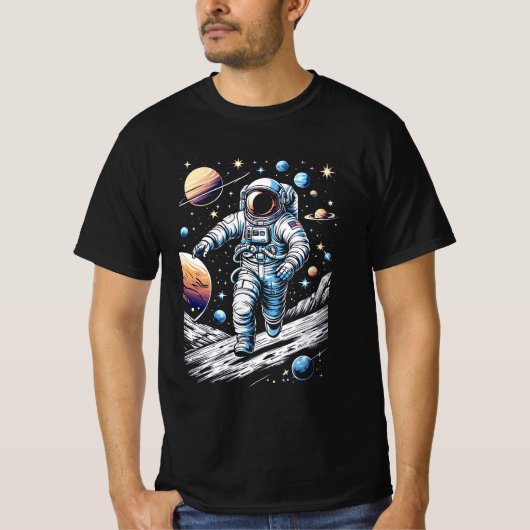 宇宙飛行士走の月面に乗る宇宙飛行士 Tシャツ (正面)