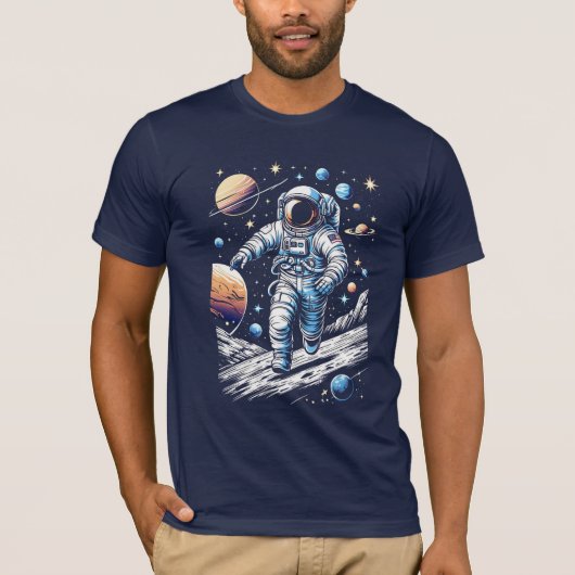 宇宙飛行士走の月面に乗る宇宙飛行士 Tシャツ (正面)