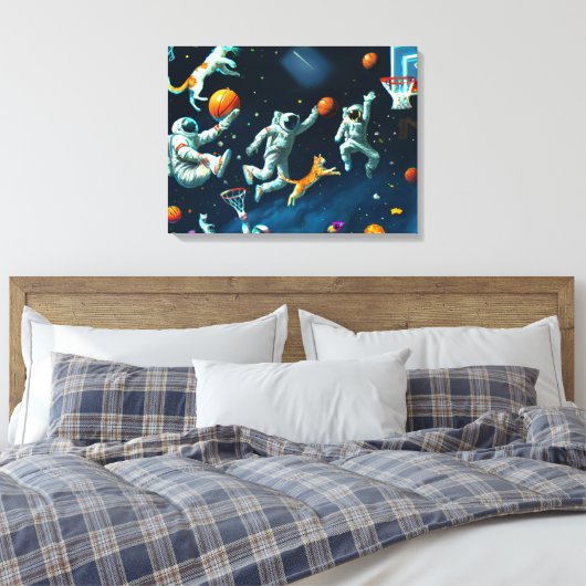宇宙飛行士遊と宇宙する猫のバスケットボール キャンバスプリント (インサイチュ (寝室))