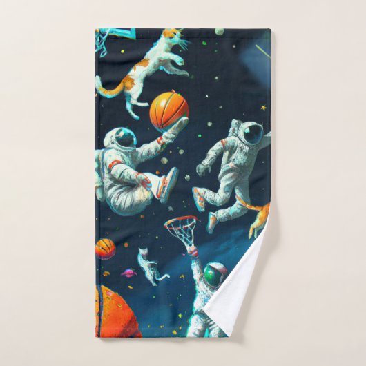 宇宙飛行士遊と宇宙する猫のバスケットボール バスタオルセット (ハンドタオル)