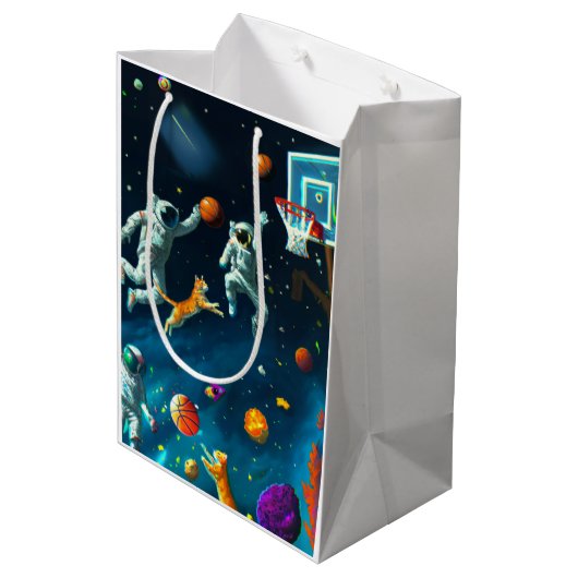 宇宙飛行士遊と宇宙する猫のバスケットボール ミディアムペーパーバッグ (裏面アングル)