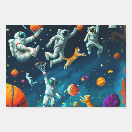 宇宙飛行士遊と宇宙する猫のバスケットボール ラッピングペーパーシート (正面3)
