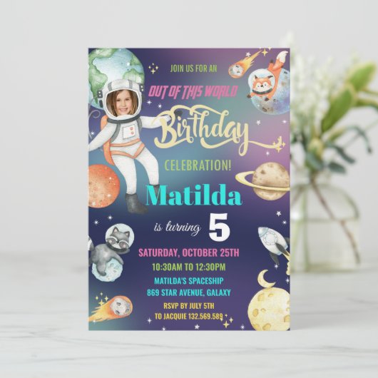 宇宙飛行士銀河系女子誕生日写真 招待状 (スタンド正面)
