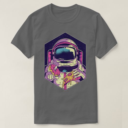 宇宙飛行士食べのドーナツとピザ宇宙歩く Tシャツ (デザイン正面)
