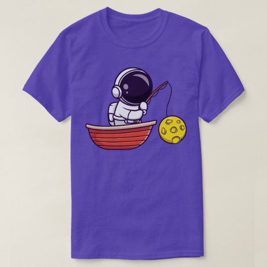 宇宙飛行士魚釣りムーンオンボートカートゥーン Tシャツ (デザイン正面)