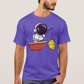 宇宙飛行士魚釣りムーンオンボートカートゥーン Tシャツ