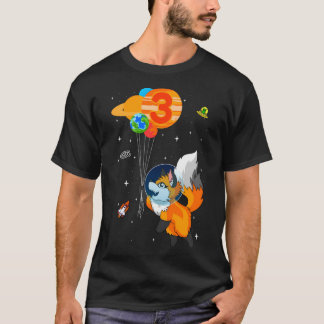 宇宙飛行士3歳の誕生日キツネ宇宙服 Tシャツ