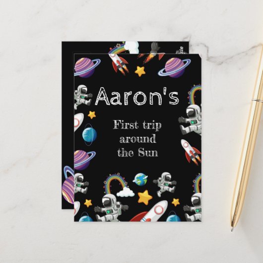 宇宙飛行士 ブラック ファースト バースデー パーティー ポストカード (正面/裏面インサイチュ)