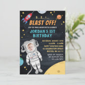 宇宙飛行士 ロケット 宇宙 | フォト 1歳 誕生日 招待状 (スタンド正面)