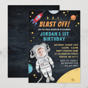宇宙飛行士 ロケット 宇宙   フォト 1歳 誕生日 招待状