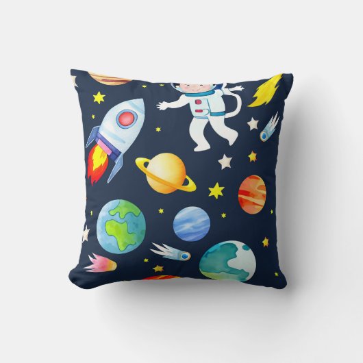 宇宙飛行士+宇宙+惑星+ロケット+パターン クッション (正面)