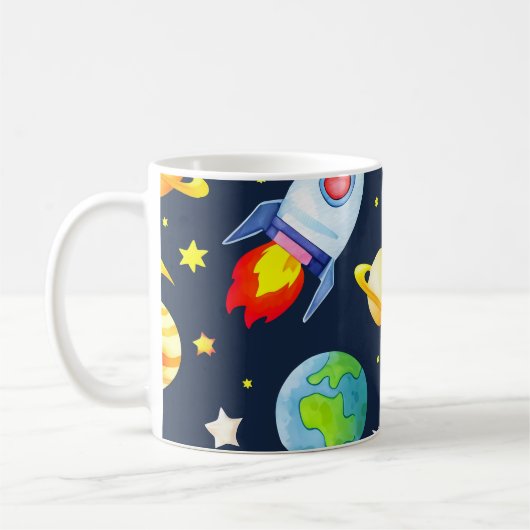 宇宙飛行士+宇宙+惑星+ロケット+パターン コーヒーマグカップ (左)