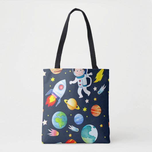宇宙飛行士+宇宙+惑星+ロケット+パターン トートバッグ (正面)