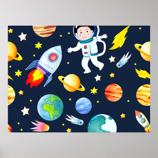 宇宙飛行士+宇宙+惑星+ロケット+パターン ポスター (正面)