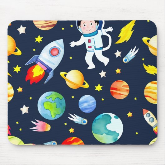宇宙飛行士+宇宙+惑星+ロケット+パターン マウスパッド (正面)