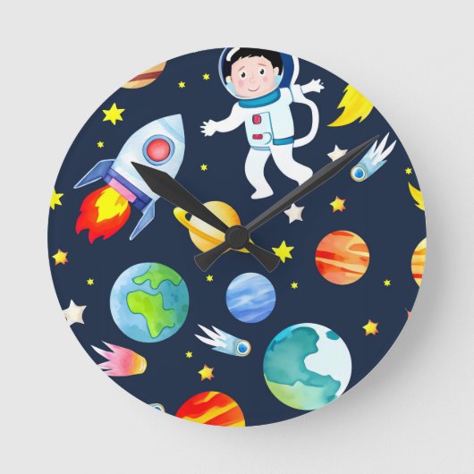 宇宙飛行士+宇宙+惑星+ロケット+パターン ラウンド壁時計 (正面)