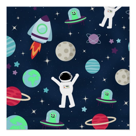 宇宙飛行士 惑星 ロケット エイリアン ポスター (正面)