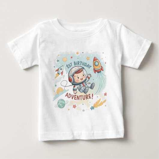 宇宙飛行士 星 ロケット 惑星 男の子 1歳 誕生日 ババ ベビーTシャツ (正面)