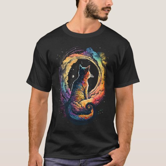 宇宙飛行士 猫 スペース 幻想 色とりどりのグラフィック Tシャツ (正面)