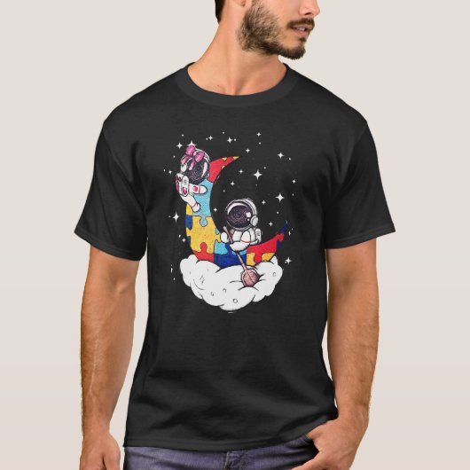 宇宙飛行士 自閉症 パズル 月 星 宇宙 自閉スペクトラム症 Tシャツ (正面)