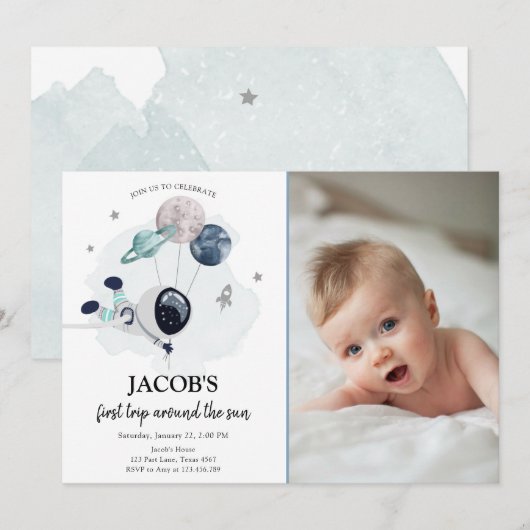 宇宙飛行士 青い少年 誕生日おめでとう 招待状 (正面/裏面)