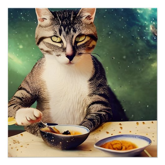 宇宙食べのAIアートの中の猫 ポスター (正面)