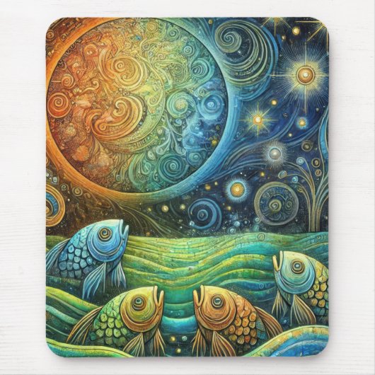 宇宙魚と天体の太陽が輝く大洋の波 マウスパッド (正面)