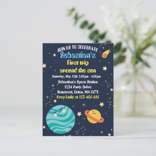 宇宙1歳誕生日パーティー 太陽を一周 ポストカード (スタンド正面)