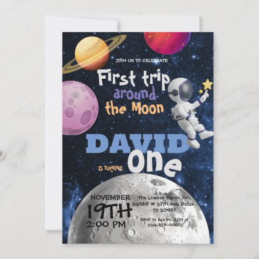 宇宙1thバースデーファーストリップザのまわりにムーン 招待状 (正面)