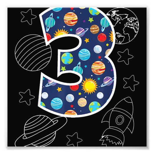 宇宙3歳3歳の誕生日パーティーボーイズギル フォトプリント            (正面)