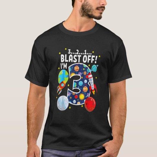 宇宙321ブラストオフ年齢3歳の誕生日パーティー Tシャツ (正面)