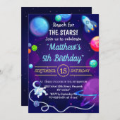 宇宙5番目の誕生日ブルー宇宙飛行士惑星 招待状 (正面/裏面)