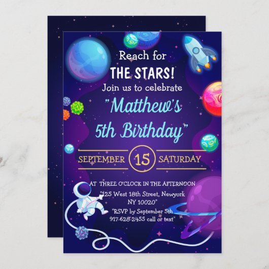 宇宙5番目の誕生日ブルー宇宙飛行士惑星 招待状 (正面/裏面)