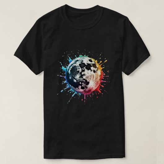 宇宙(ばちゃばちゃ)跳ねる:カラフル月爆発 Tシャツ (デザイン正面)