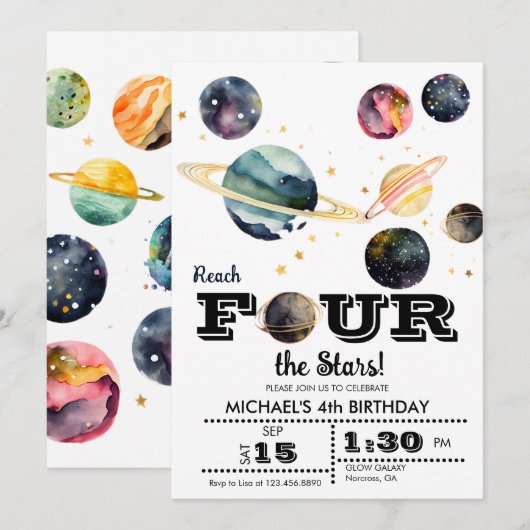 宇宙 |惑星と星 | 4th誕生日 招待状 (正面/裏面)
